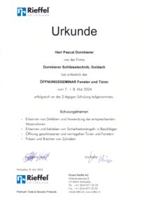 Zertifikat Öffnungsseminar Fenster und Türen